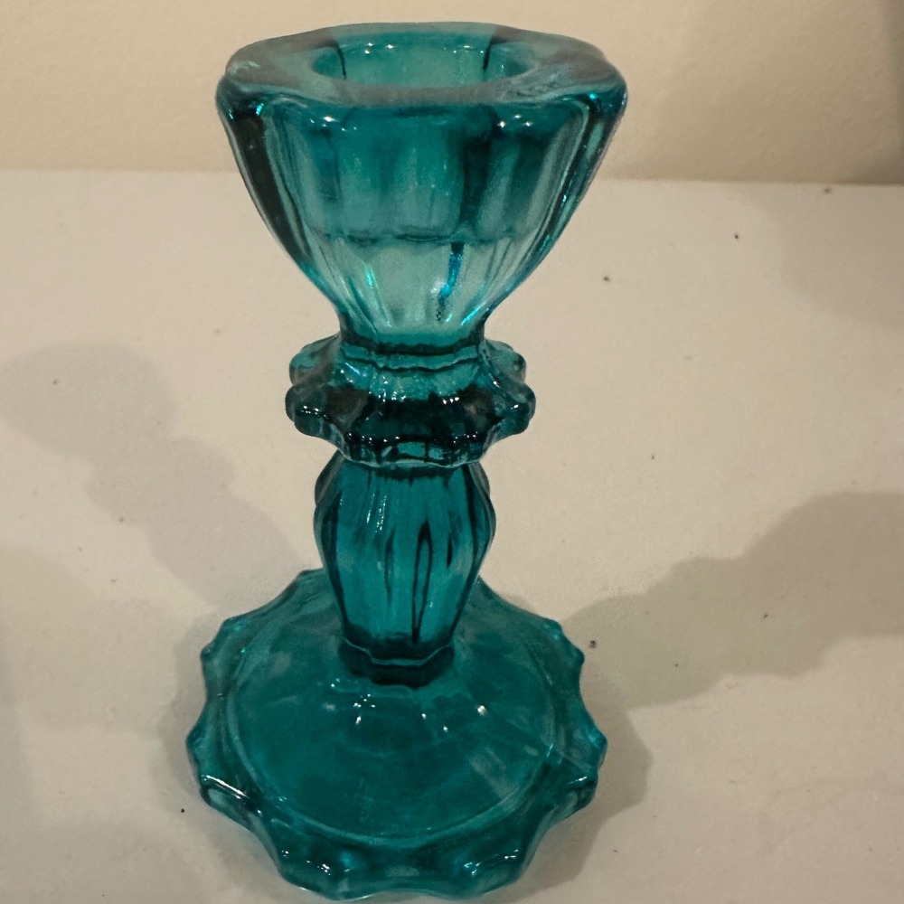 Vintage Teal Blue Pressed Glass Candlestick Holder Turquoise Fluted Scalloped 4"